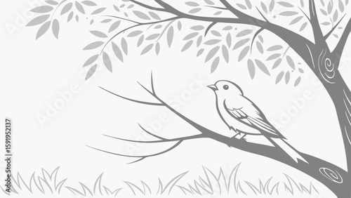 Vector Serene bird perched on branch, surrounded by delicate leaves and soft grey background