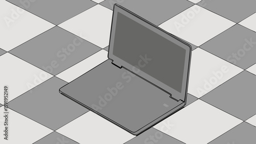 Vector Top down view of gray laptop with blank screen checkered floor, evoking sense of simplicity