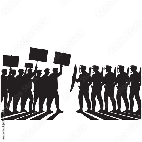 Silhouette of protesters holding signs facing a line of police officers with shields and helmets
