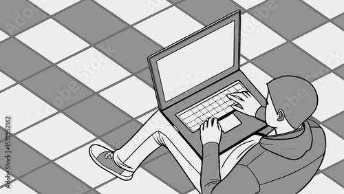 Vector Top down view of person using gray laptop on tiled floor, creating focused atmosphere