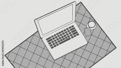 Vector Top down view of silver laptop on grid patterned desk with cup and note