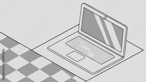 Vector Top down view of silver laptop checkered surface, showcasing its sleek design and blank screen