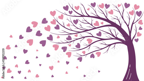 Vector Whimsical tree with flowing hearts in shades of pink and purple creates romantic atmosphere