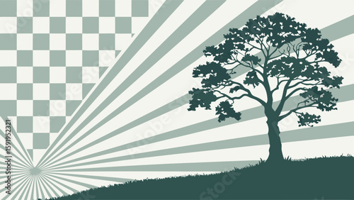 Vector Silhouette of tree stands against checkered background with radiating lines, creating serene