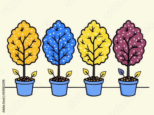 Four colorful potted trees in a row