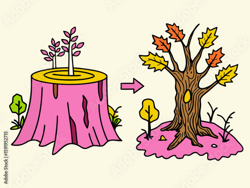 Tree stump grows into a vibrant autumn tree