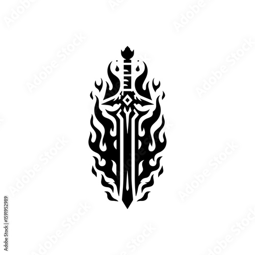 black and white flat silhouette, Gaming-themed tribal sword engulfed in flames