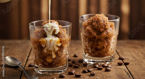 Refreshing coffee granita with cream swirls and coffee beans