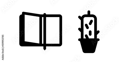 Bold Black Icons: Open Notebook and Potted Cactus Plant Illustration