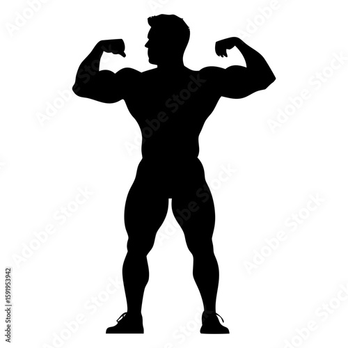 Silhouette of Gym Man Flexing Biceps in Classic Bodybuilder Pose on White Background
