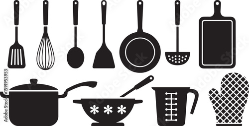 Comprehensive Kitchen Utensil Silhouette Vector Set Featuring Pots, Pans, Spoons, and Cooking Tools