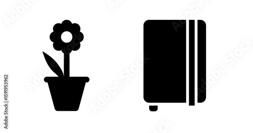 Simple Black Icon Set: Potted Flower and Vertical Striped Book Graphic