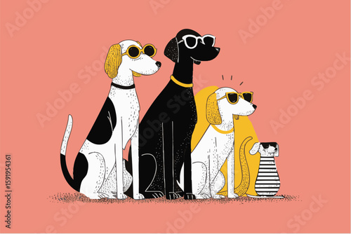 Hand drawn style illustration of cool dogs wearing summer sunglasses