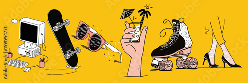 Set of 1980s and 1990s vintage doddle style vector design elements