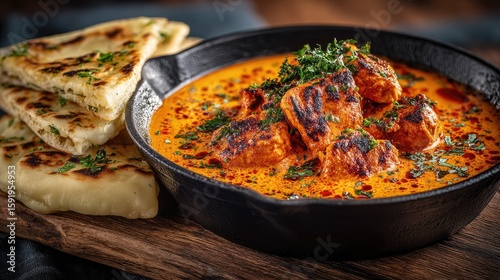India dish Butter Chicken Creamy tomato-based curry with tender tandoori chicken pieces served with naan bread