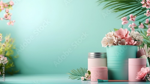 Layered paper paint bucket with floral accents set against a soft pastel green background creating a minimalist and creative still life composition