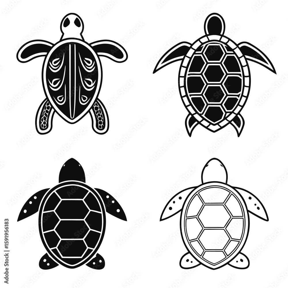 Obraz premium Four stylized sea turtles black and white illustrations marine life ocean