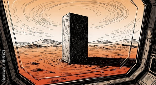 Monolith on Mars: Science Fiction Illustration of Alien Landscape and Space