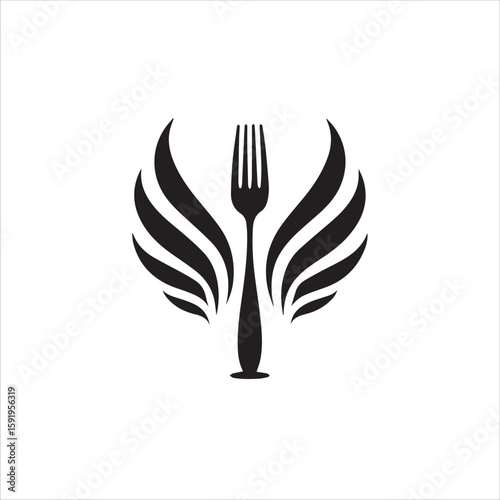 Elegant black fork with stylized wings representing culinary excellence and fine dining