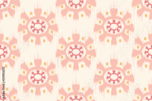Seamless Ikat pattern in warm pink tones with traditional tribal motifs. Ideal for fabric printing, textiles, packaging, home decor, and digital design projects.