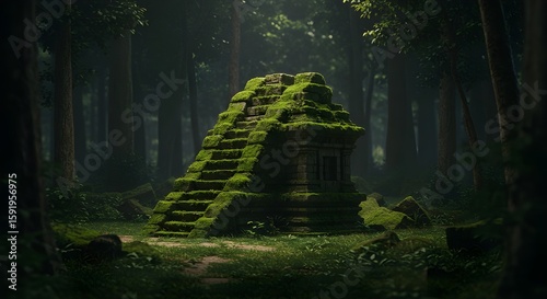 A single weathered candi stone structure partially covered in moss, located in a lush forest,