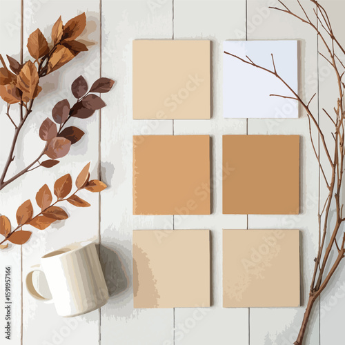 A flat lay composition on a white wooden surface