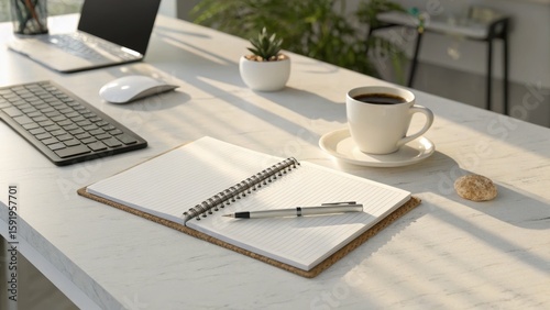 Work from home aesthetic with coffee, notebook, and laptop on a bright and modern desk setting with productivity vibes.