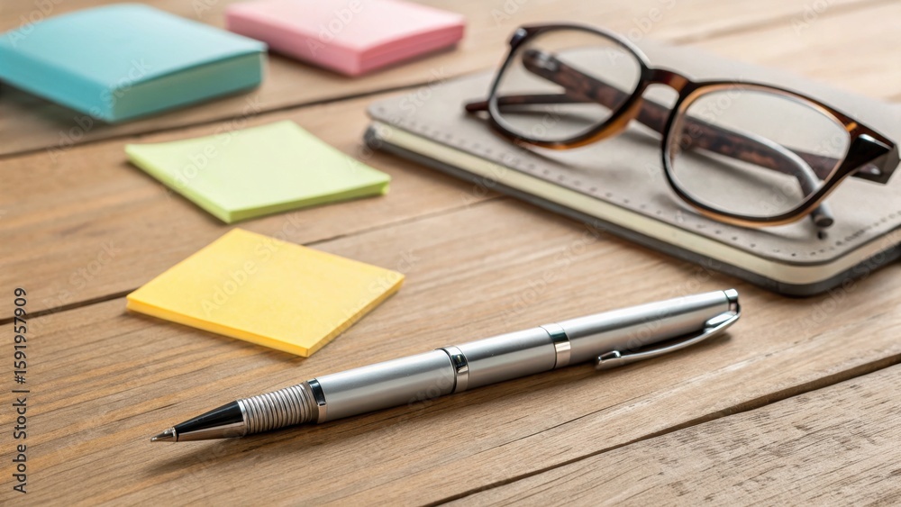 Fototapeta premium Office desk scene featuring a notebook, pen, glasses, and colorful sticky notes for planning and productivity.