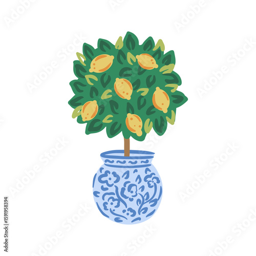 Lemon tree with ripe fruit in blue patterned ceramic pot. Hand drawn vector illustration isolated on white background. Indoor citrus plant. Design for poster, greeting card, invitation, sticker.