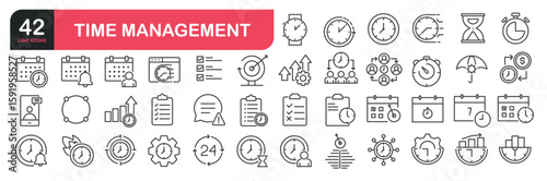 Set of line icons related to time management, business, . Outline icons collection. Editable stroke. Vector illustration