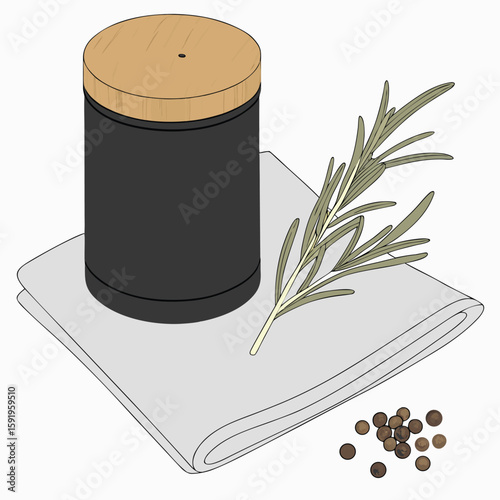 A black spice jar with a wooden lid sits alongside rosemary and peppercorns on a gray cloth, evoking a culinary scene
