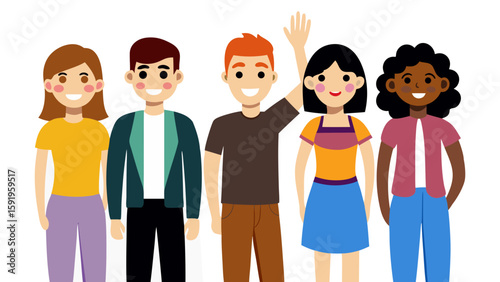 Diverse Group of Five Happy Young People Standing Together in Casual Clothes