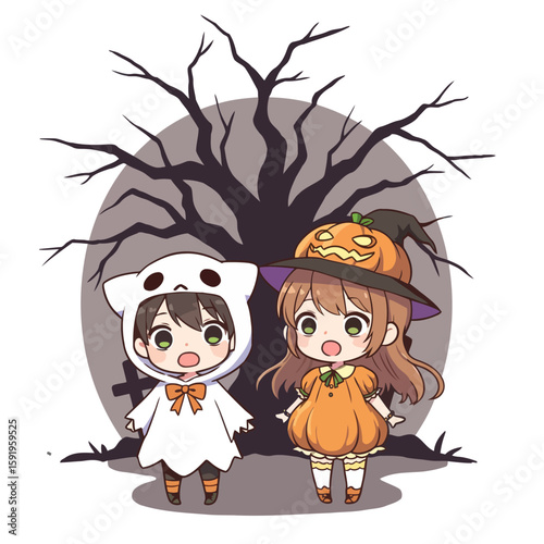 Two chibi characters dressed in Halloween costumes with a bare tree in the background