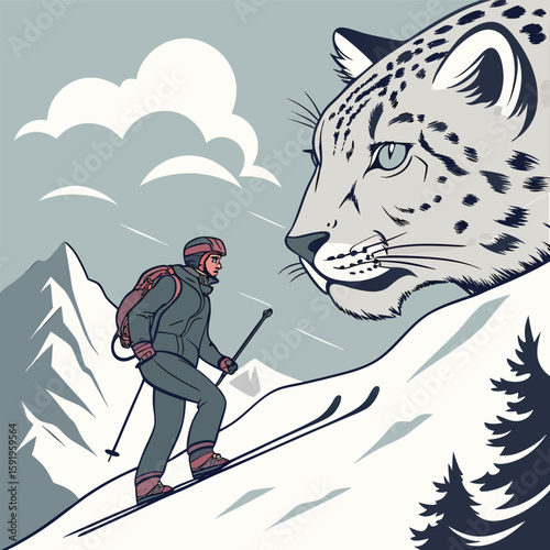 A skier ascends a snowy mountain under the watchful gaze of a snow leopard, capturing the essence of winter adventure and the beauty of wildlife