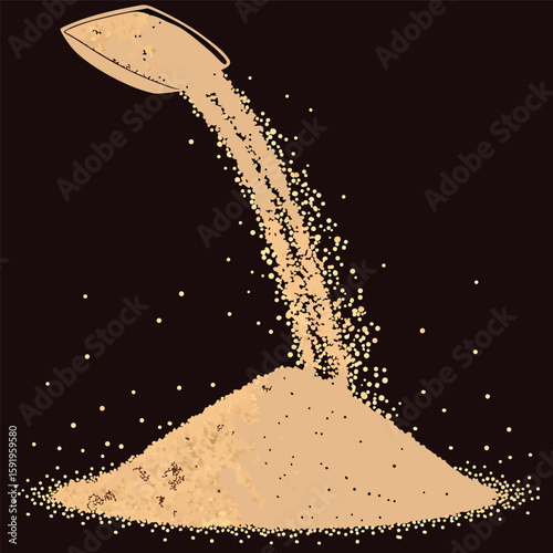 A vector illustration of sugar pouring from a bag, creating a sweet pile of granulated crystals, perfect for baking and cooking desserts