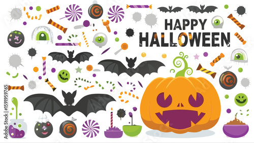 A festive halloween scene featuring bats, pumpkin, candies, and other spooky decorations galore