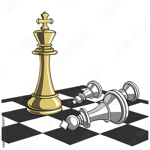 A golden chess king stands victorious over fallen silver pawns on a checkered board