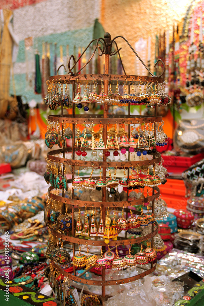 Fototapeta premium Traditional Handmade Earrings and Jewelry Display at Local Market
