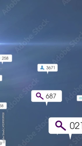 Search and user count icons animation over blue background with light flares