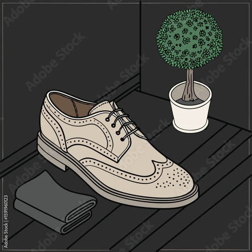 A stylish pair of leather brogue shoes sits next to a neatly folded towel and a decorative topiary tree in a pot, creating a classic and elegant scene