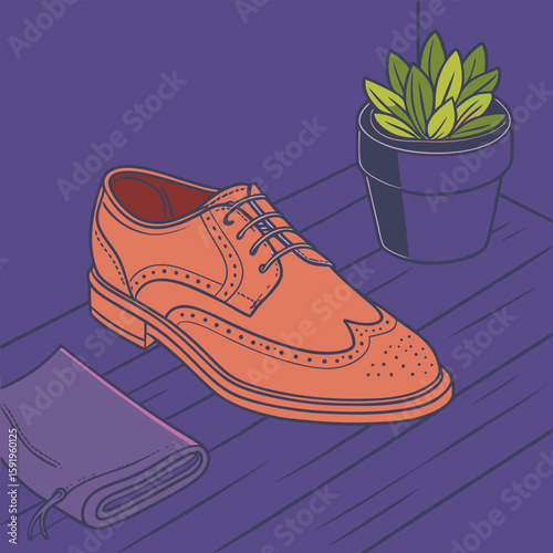 A stylish leather brogue shoe sits beside a potted plant and a fabric pouch, creating a vintageinspired still life scene