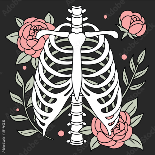 A human ribcage is adorned with roses and leaves in a decorative illustration