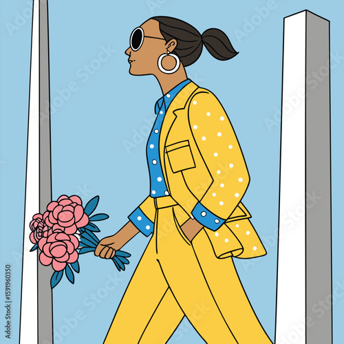 A fashionable woman in a yellow suit walks with a bouquet of flowers in the city