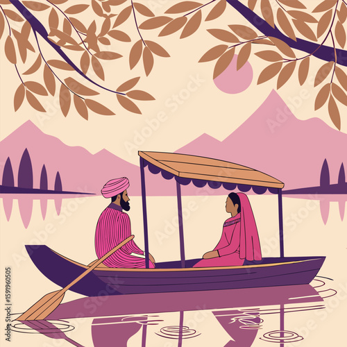 A couple enjoys a peaceful shikara ride on dal lake in kashmir, with a backdrop of mountains and a serene sunset