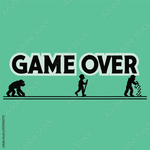 The words game over are displayed above a humorous evolutionthemed illustration depicting an ape, a soldier, and a defeated figure, conveying a sense of retro gaming and playful defeat