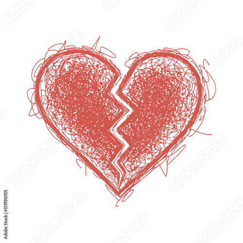 Broken heart icon hand drawn red doodle sketch symbol for love problem breakup sadness divorce pain vector graphic design art illustration