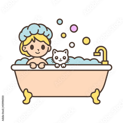 Cute Kid and Cat Taking a Bath Cartoon Illustration