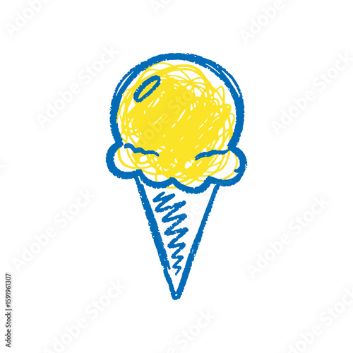 Ice cream cone icon hand drawn doodle sketch symbol for summer dessert food sweet frozen treat yellow blue graphic design vector art illustration