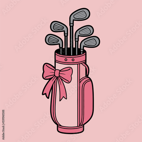 Pink Golf Bag with Clubs and Bow Cartoon Illustration