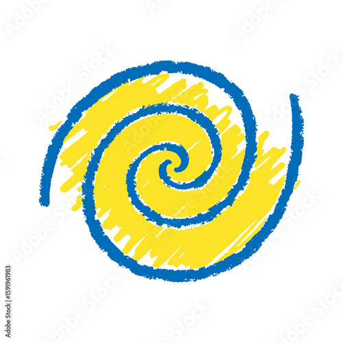 Spiral swirl icon hand drawn doodle sketch symbol for hypnosis vertigo abstract motion yellow blue graphic design vector art dynamic concept